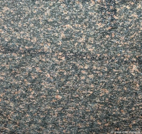Zbliżenie granitu Tan Brown poler – drobnoziarnista struktura, brązowo-czarne uziarnienie i połysk.