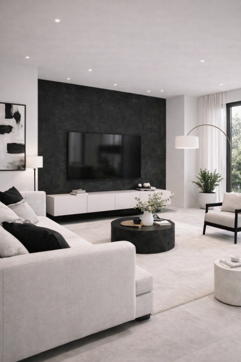 Nowoczesny salon black & white ze ścianą TV ze spieku kwarcowego Marazzi Concrete Look Black o betonowej strukturze.