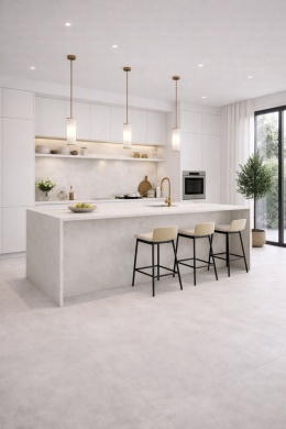 nowoczesna kuchnia z wyspą i blatem ze spieku kwarcowego Marazzi Concrete Look Ivory w jasnej, betonowej tonacji.