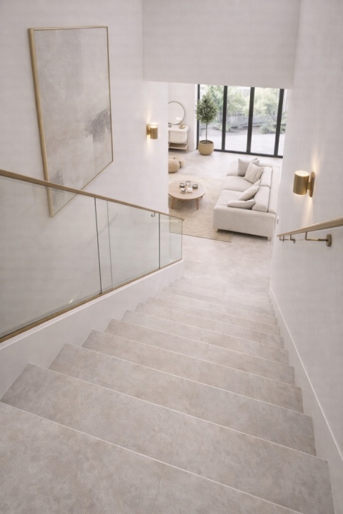 Nowoczesne schody ze spieku kwarcowego Marazzi Concrete Look Ivory prowadzące z piętra mieszkania do jasnego salonu.