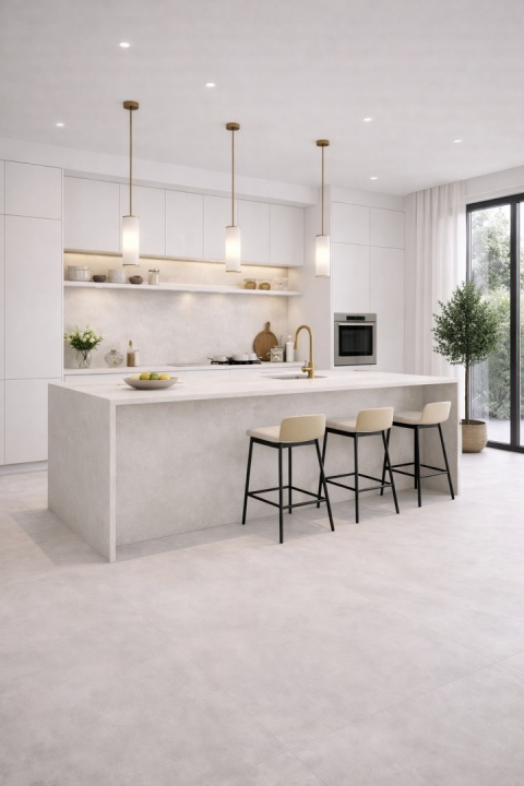 nowoczesna kuchnia z wyspą i blatem ze spieku kwarcowego Marazzi Concrete Look Ivory w jasnej, betonowej tonacji.