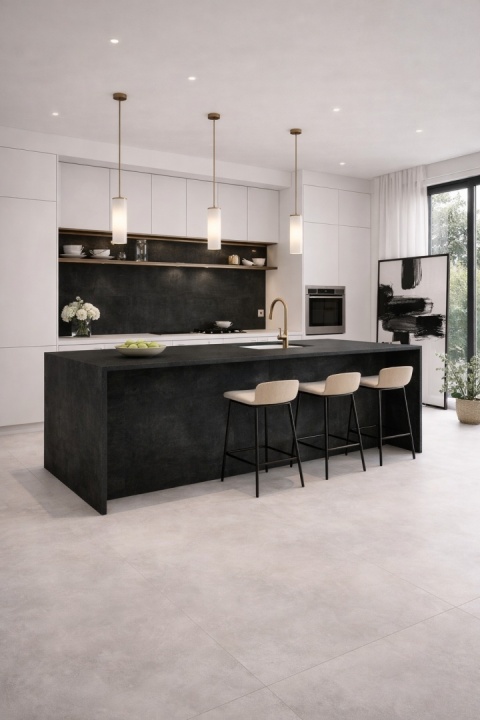 Nowoczesna kuchnia black & white z wyspą ze spieku kwarcowego Marazzi Concrete Look Black i jasną zabudową.