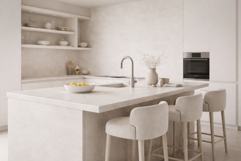 Nowoczesna kuchnia z jasnym wykończeniem Marazzi Concrete Look Slow Pomice, wyspa kuchenna i spiekowe blaty w ciepłej tonacji