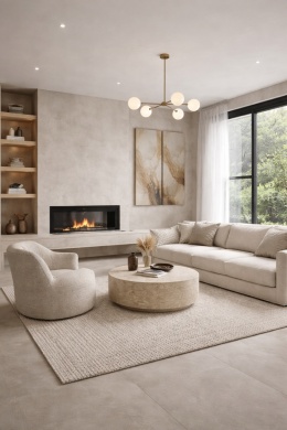 Nowoczesny salon z podłogą i ścianą ze spieku kwarcowego Marazzi Concrete Look Smoke w jasnej, betonowej szarości.