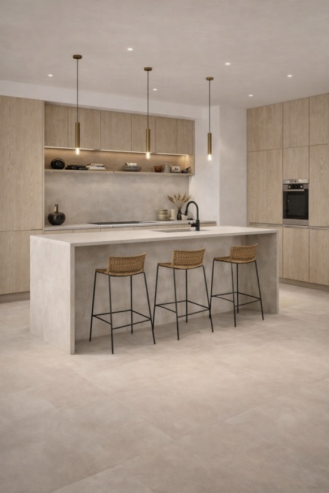 Nowoczesna kuchnia z wyspą i podłogą ze spieku kwarcowego Marazzi Concrete Look Smoke o matowej, betonowej strukturze.