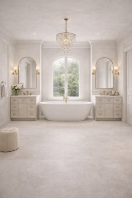 Neoklasyczna łazienka z podłogą i ścianami ze spieku kwarcowego Marazzi Concrete Look White w jasnej tonacji.