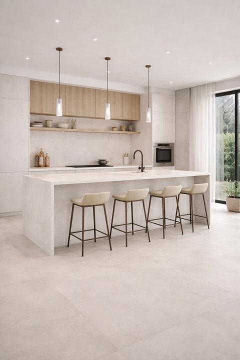 Nowoczesna kuchnia z wyspą i podłogą ze spieku kwarcowego Marazzi Concrete Look White w jasnej, betonowej kolorystyce.