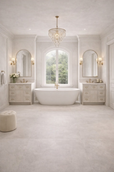 Neoklasyczna łazienka z podłogą i ścianami ze spieku kwarcowego Marazzi Concrete Look White w jasnej tonacji.