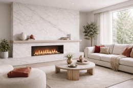 Detal kominka wykonanego ze spieku Marazzi Marble Look Altissimo o jasnym tle i subtelnej, marmurowej strukturze.