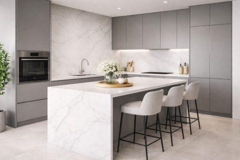 Nowoczesna kuchnia z szarymi meblami i wyspą kuchenną wykończoną spiekiem kwarcowym Marazzi Marble Look Altissimo