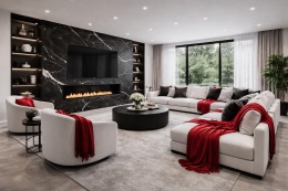 salon z kominkiem wykończonym spiekiem Marazzi Marble Look Calacatta Black, białymi sofami