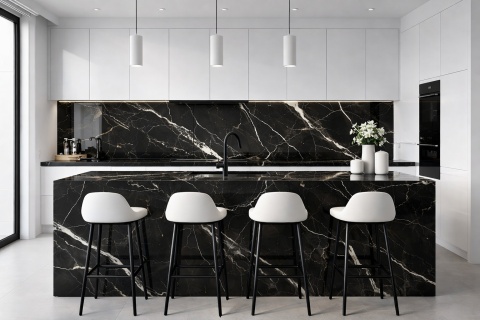 Czarno-biała, nowoczesna kuchnia z wyspą i blatem ze spieku Marazzi Marble Look Calacatta Black z wyraźnym białym użyleniem.