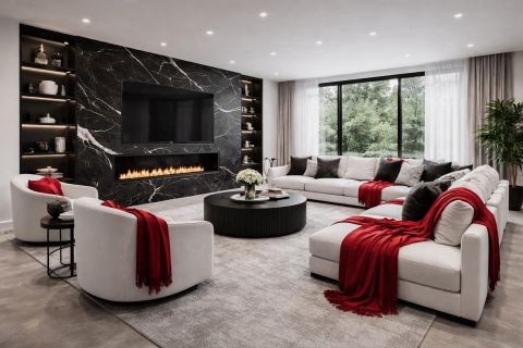 Czarno-biały salon z kominkiem wykończonym spiekiem Marazzi Marble Look Calacatta Black, białymi sofami