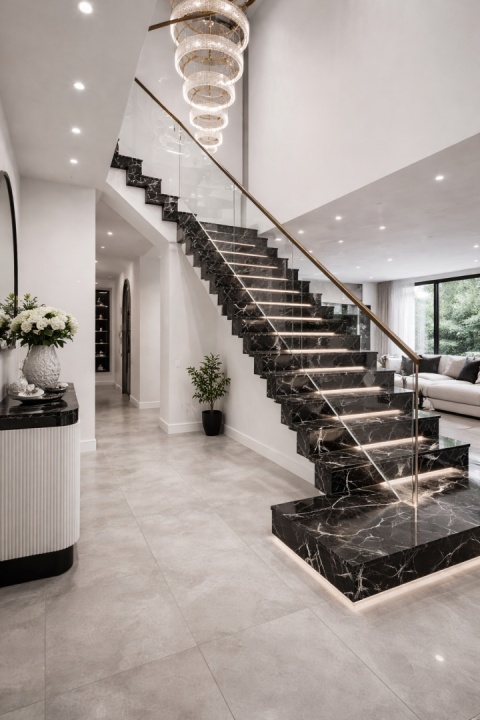 Nowoczesne schody wewnętrzne w domu jednorodzinnym, wykończone spiekiem Marazzi Marble Look Calacatta Black