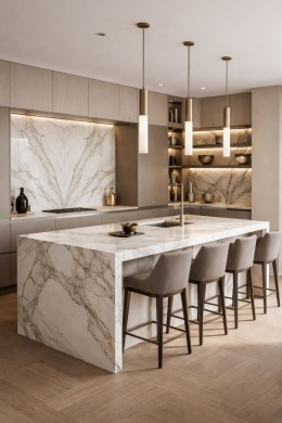 Nowoczesna kuchnia z wyspą i blatem ze spieku kwarcowego Marazzi Marble Look Calacatta Extra Satin 20 mm.