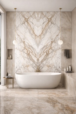 Wizualizacja łazienki z okładziną bookmatch Marazzi Calacatta Vena Vecchia, złote żyły marmuru i wolnostojąca wanna.