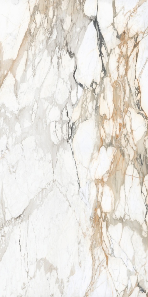 Marazzi Calacatta Vena Vecchia Lux, białe marmurowe tło z mocnym złoto-grafitowym użyleniem