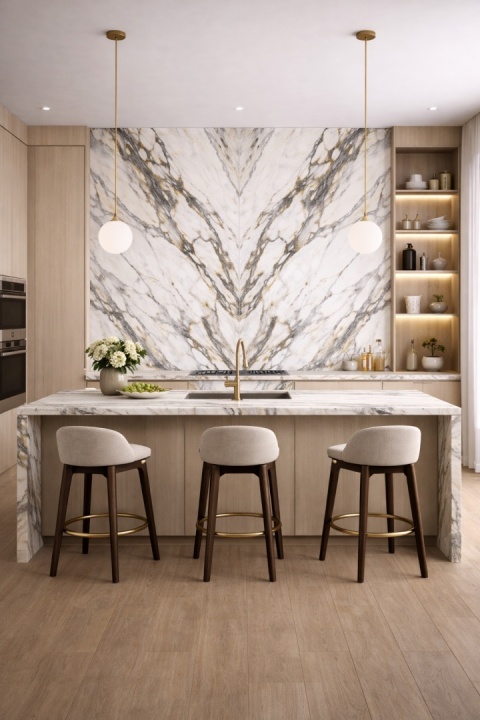 Kuchnia z efektem bookmatch ze spieku Marazzi Capraia Lux, symetryczny marmurowy wzór na ścianie.