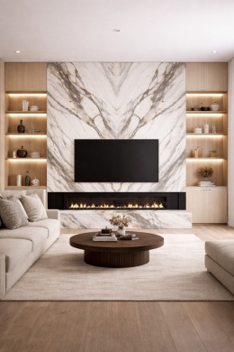 Nowoczesne wnętrze z okładziną bookmatch Marazzi Marble Look Capraia Lux, jasny marmur i dynamiczne żyły