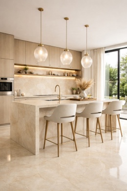 Eleganckie wnętrze kuchni z płytami Marazzi Crema Marfil – jasny marmur w luksusowym stylu premium