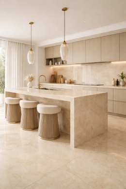 Eleganckie wnętrze kuchni z płytami Marazzi Crema Marfil – jasny marmur w luksusowym stylu premium