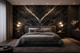 Sypialnia z dekoracyjną ścianą bookmatch Marazzi Elegant Black – czarny marmur w stylu premium