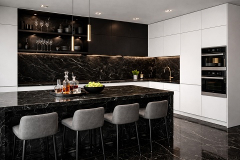 Kuchnia premium z Marazzi Marble Look Elegant Black – elegancka czarno-biała aranżacja z delikatnym użyleniem