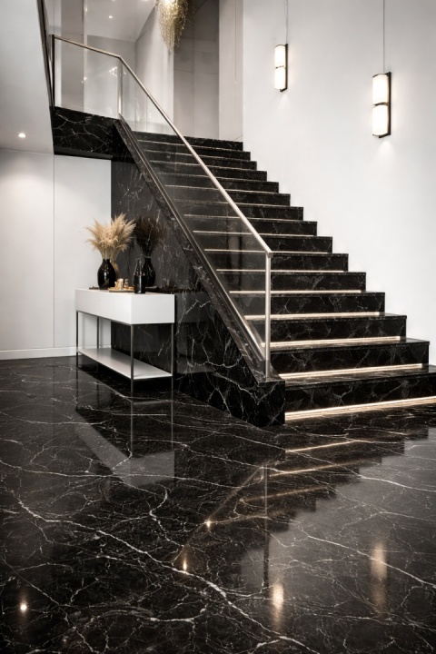 Schody wykończone Marazzi Elegant Black – czarny spiek marmurowy z delikatnymi białymi żyłkami i podświetleniem LED