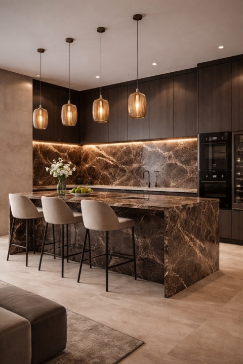 Nowoczesna kuchnia z Marazzi Marble Look Emperador Satin – brązowy marmurowy spiek na wyspie i ścianie dekoracyjnej