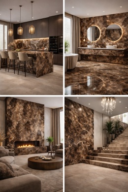 Kolaż wnętrz z Frappuccino – brązowy spiek marmurowy z kremowym użyleniem w kuchni, łazience, salonie i na schodach