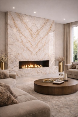 Salon premium z kominkiem i ścianą bookmatch z Marazzi Golden White – biały marmur ze złotym użyleniem