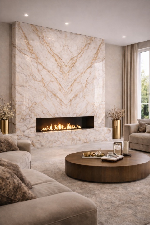 Salon premium z kominkiem i ścianą bookmatch z Marazzi Golden White – biały marmur ze złotym użyleniem