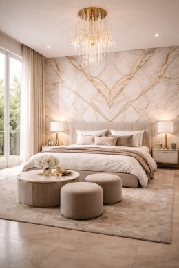 Salon premium z kominkiem i ścianą bookmatch z Marazzi Golden White – biały marmur ze złotym użyleniem