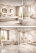 Luksusowa łazienka z Marazzi Golden White – białe płyty marmurowe ze złotym użyleniem na ścianach i podłodze