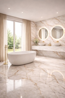 Luksusowa łazienka z Marazzi Golden White – białe płyty marmurowe ze złotym użyleniem na ścianach i podłodze