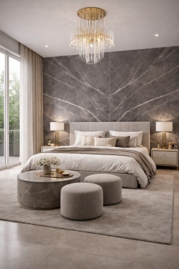 Nowoczesna sypialnia z Marazzi Marble Look Imperiale – ściana bookmatch z delikatnym marmurowym użyleniem