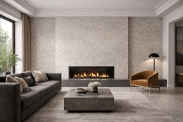 Podstawa kominka i stół wykonany ze spieku Imperiale – grafitowa powierzchnia marmurowa z cienkimi jasnymi żyłkami