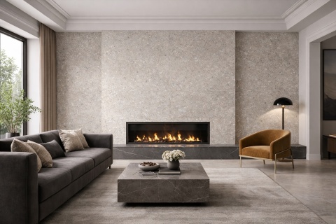 Podstawa kominka i stół wykonany ze spieku Imperiale – grafitowa powierzchnia marmurowa z cienkimi jasnymi żyłkami