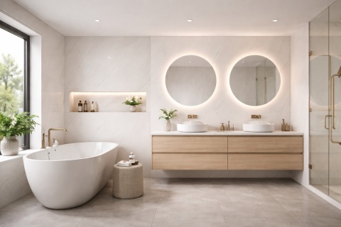 nowoczesna łazienka Marazzi Marble Look Lasa – subtelne marmurowe użylenie na blacie i ścianie roboczej