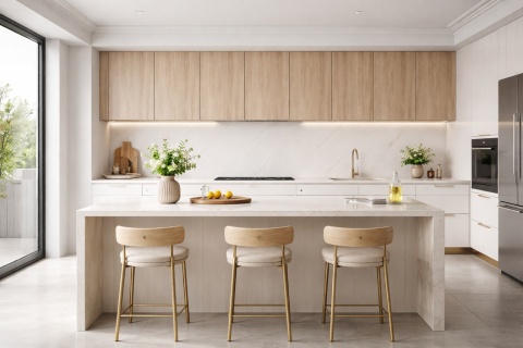 Nowoczesna kuchnia z Marazzi Lasa – jasny spiek marmurowy z ledwo widocznymi żyłkami na wyspie i backsplashu