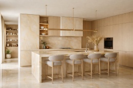 Kuchnia z Marazzi Onice Beige – jasne onyksowe blaty i wyspa z ciepłym beżowym użyleniem w eleganckiej aranżacji