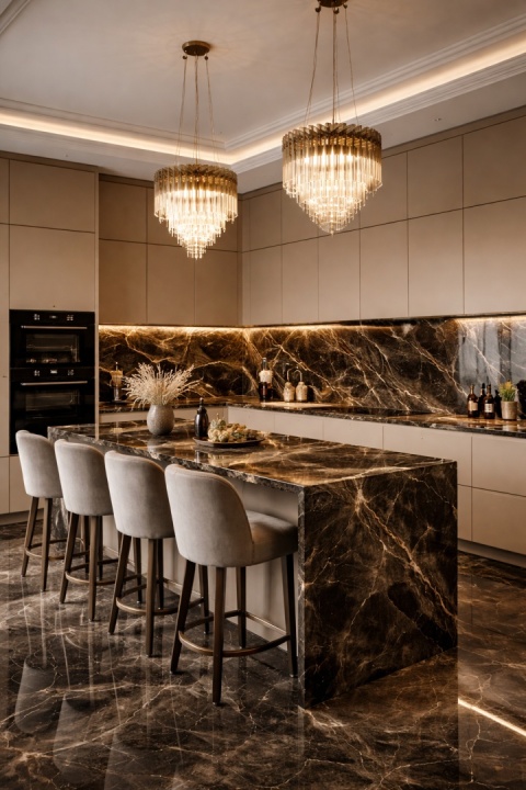 owoczesna kuchnia z beżowymi meblami i blatem ze spieku Marazzi Onice Nero o złoto-białym rysunku.