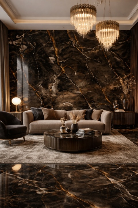 Elegancki salon z wielkoformatową ścianą ze spieku Marazzi Onice Nero w czerni ze złotym użyleniem.