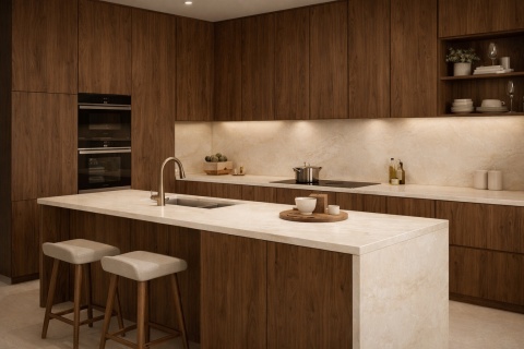 Kuchnia z orzechowymi meblami i blatami ze spieku Marazzi Marble Look Raffaello w jasnej kolorystyce.