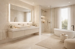 Nowoczesne schody ze spieku Marazzi Marble Look Raffaello z balustradą ze szkła i ciepłym oświetleniem