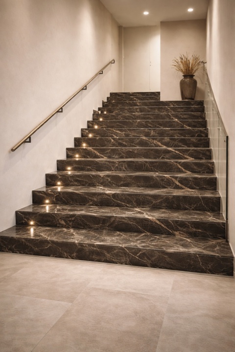 Nowoczesne schody ze spieku Marazzi Saint Laurent z delikatnym użyleniem i jasnymi, beżowymi ścianami.