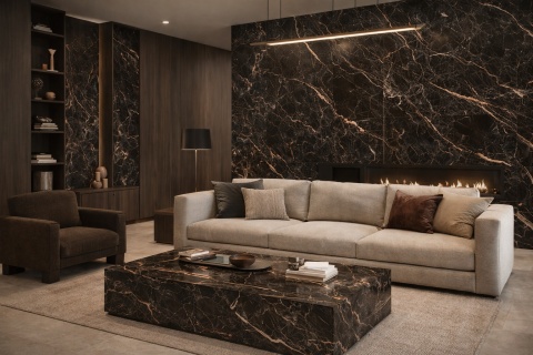 Elegancki salon z dekoracyjną ścianą ze spieku Marazzi Saint Laurent w czerni ze złotym użyleniem