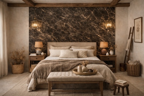 Rustykalna sypialnia z ozdobną ścianą ze spieku Marazzi Saint Laurent i ciepłymi, naturalnymi dodatkami.