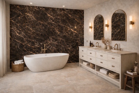 Elegancka łazienka z dekoracyjną ścianą Marazzi Saint Laurent i jasnym spiekiem na pozostałych powierzchniach.