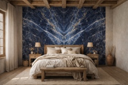 Rustykalna sypialnia z dekoracyjną ścianą bookmatch ze spieku Marazzi Sodalite Blue w granacie.